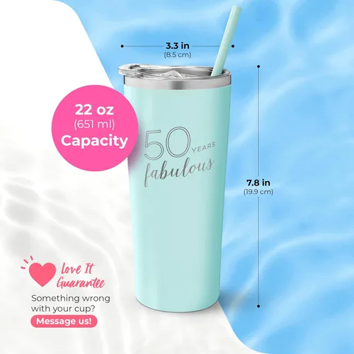 Miniatura 5 de Vaso de 50 cumpleaños – 50 años fabulosos – Vaso de acero inoxidable con popote y tapa – Taza aislada para cumpleaños de mamá – Recuerdos de fiesta