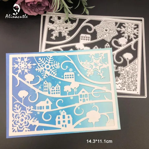 Miniatura 6 de Alinacutle Marco de fondo de aldea de nieve, troqueles de corte de metal para hacer tarjetas hechas a mano, álbum de recortes, plantilla de Marco