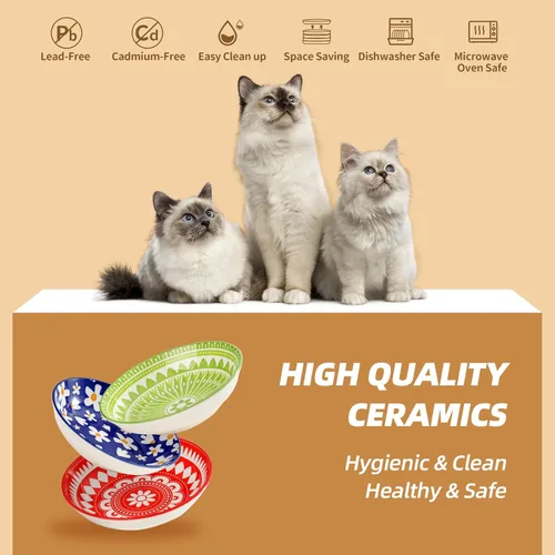 Miniatura 5 de Fairy Tales - Juego de 6 cuencos de cerámica coloridos para gatos, platos de alimentación con alfombrilla antideslizante, plato ancho poco profundo