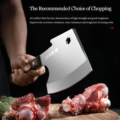 Miniatura 4 de Kitory Cuchilla de carne, cuchillo de corte de huesos resistente, hoja súper gruesa en forma de hachas de espiga completa, rompe huesos, cuchillo