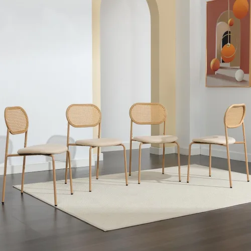 COSVALVE Juego de 4 sillas de comedor boho con respaldo de ratán, asientos tapizados de caña y patas de metal, perfectas para cena, sala de estar o