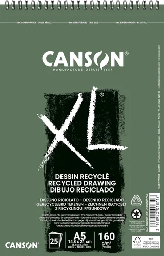 CANSON Papel de dibujo reciclado XL A5 de 5.64 oz/m², grano fino de panal, almohadilla en espiral corta, 25 hojas blancas, ideal para artistas e