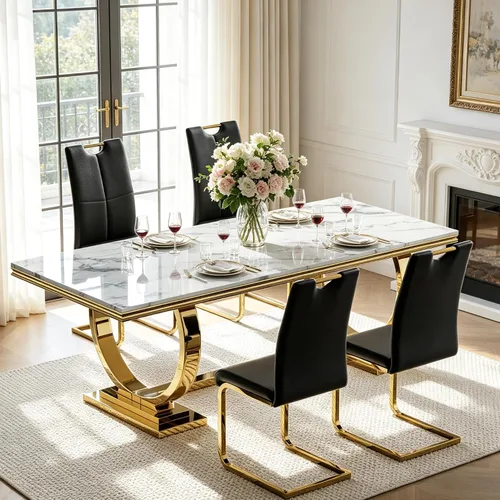Miniatura 18 de Juego de mesa de comedor de mármol para 4, mesa de cocina rectangular de mármol blanco de 70 pulgadas con base en O de acero inoxidable dorado