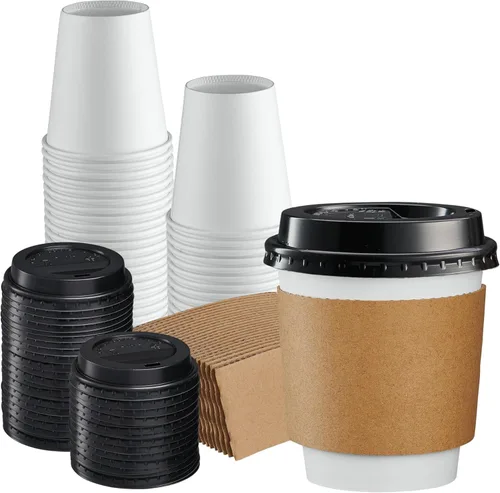 GUSTO 50 juegos de tazas de café desechables con tapas y fundas de 10 onzas. Vasos calientes de papel para viajes y uso en la oficina. Paquete