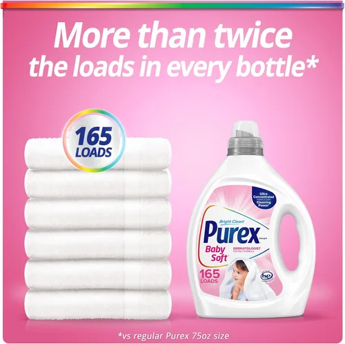 Miniatura 6 de Detergente líquido para ropa de bebé Purex, ultra concentrado, 82.5 fl oz, 165 lavados, hipoalergénico, sin colorantes, suave para la piel