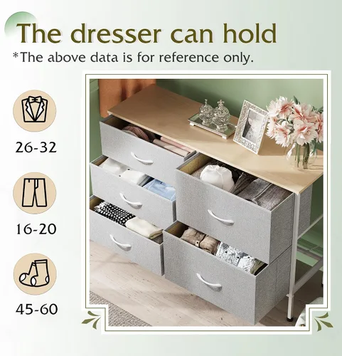 Miniatura 5 de WLIVE - Cómoda para dormitorio con 5 cajones, cómodas anchas para dormitorio con organizadores de cajones, cómoda con cajones, cómoda de tela