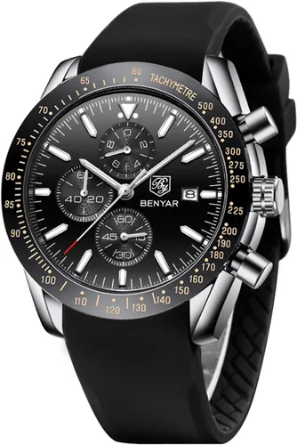 Miniatura 10 de BENYAR - Relojes para hombre, cronógrafo de cuarzo, marca de lujo, impermeable, relojes de pulsera de cuero marrón a la moda para hombres