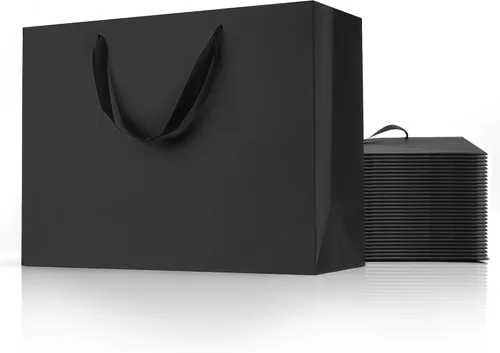 Miniatura 12 de MOXARYSU Bolsas de regalo negras con asas: 8 x 5 x 10 pulgadas, 30 bolsas de papel negras medianas a granel para fiestas, compras, cumpleaños, bodas