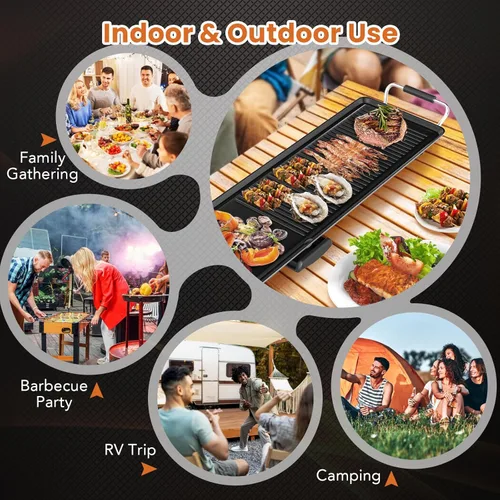 Miniatura 9 de COSTWAY Plancha Eléctrica de 39.5", Parrilla Teppanyaki Extragrande con 2 Superficies Antiadherentes, Temperatura Ajustable, Asas Aisladas y Bandeja