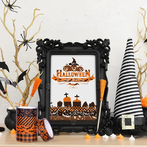 Miniatura 7 de Whaline 12 rollos de cinta Washi de Halloween, naranja y negro, calabaza, araña, murciélago, bruja, sombrero de bruja, cinta adhesiva de 0.591 in