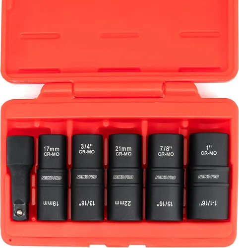 Miniatura 5 de NEIKO 02287B - Juego de 6 llaves de impacto de 1/2 pulgada, 10 tamaños SAE y métricos, juego de tuercas de rueda de pared delgada, Cr-Mo, barra