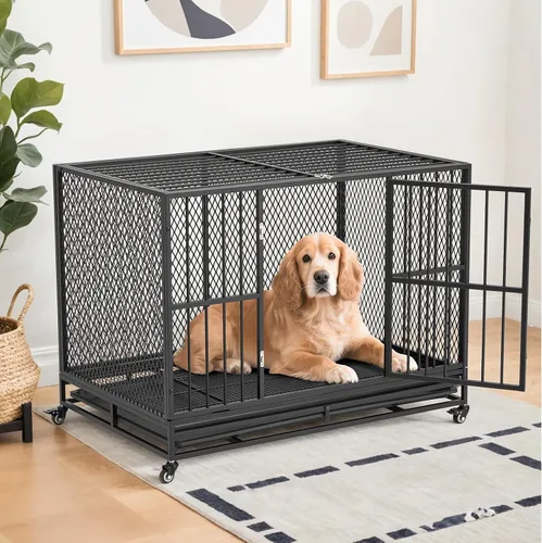 Miniatura 7 de Erinnyees Jaula para perros resistente de 42 pulgadas, perrera plegable para perros medianos y pequeños, jaula de metal con ruedas con bloqueo