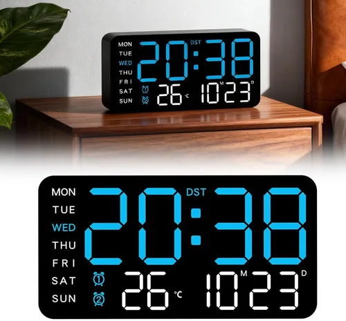 Reloj de pared digital LED decorativo multifuncional, reloj digital grande que muestra la hora, fecha, temperatura, ajuste automático de brillo,