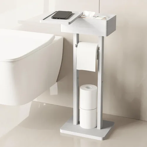 Miniatura 9 de Wealone Soporte de papel higiénico 4 en 1 negro con estante de almacenamiento, caja, rotación de 360°, bambú, papel higiénico de pie, dispensador