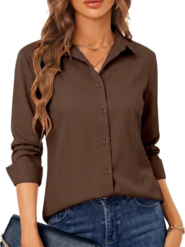 Miniatura 14 de BBIBBI Camisa de vestir elástica de manga larga con botones para mujer, blusa de trabajo casual de negocios (clásica, recortada y alta)