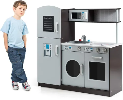 Juego de cocina, juego de cocina de madera para niños con microondas, refrigerador, lavadora, fregadero, accesorios de cocina, hornos, juguetes de