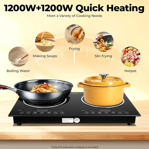 Miniatura 6 de Placa de inducción de 2400 W, 2 quemadores, placa de inducción eléctrica de 110 V con 8 niveles de potencia y control táctil, encimera portátil