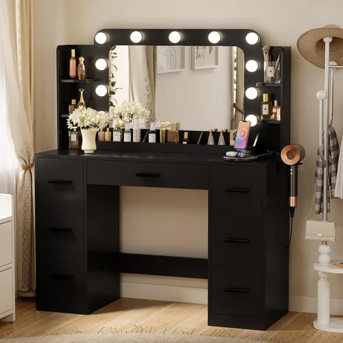Miniatura 13 de Furmax - Escritorio de tocador con espejo, luces LED y toma de corriente, mesa de maquillaje con 7 cajones y 6 estantes de almacenamiento, mesa