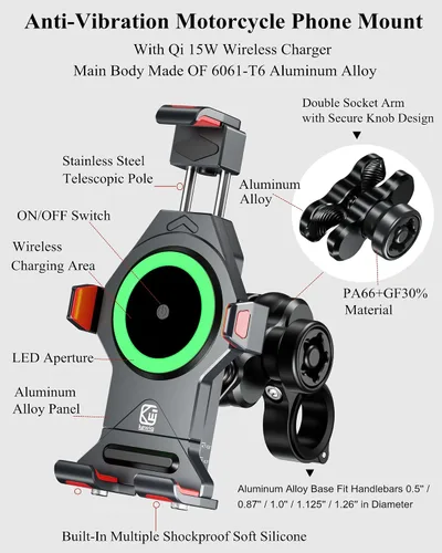 Miniatura 2 de BRCOVAN Soporte de teléfono para motocicleta de aleación de aluminio con cargador inalámbrico Qi de 15 W y amortiguador de vibraciones, soporte