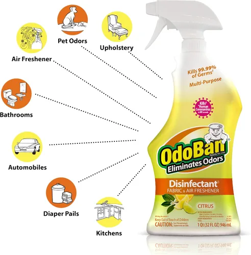 Miniatura 7 de OdoBan Desinfectante y eliminador de olores listo para usar, fabricado en los Estados Unidos, aroma cítrico, juego de 2, spray de 32 onzas