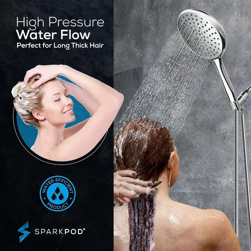 Miniatura 2 de SparkPod Cabezal de ducha de mano de alta presión con manguera, cara enorme de 6 pulgadas, ducha de lluvia con manguera extra larga de 6 pies