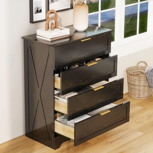Miniatura 4 de FTZxHKLX Cómoda moderna de 4 cajones para dormitorio, cómoda alta con cajón grande y asas de oro rosa, organizador de almacenamiento de madera, Negro
