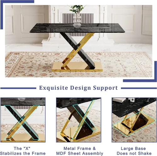 Miniatura 5 de YUNDREAM - Juego de mesa de comedor moderna de mármol para 4, mesa de comedor de oro negro de 63 pulgadas con marco cromado en forma de X y sillas