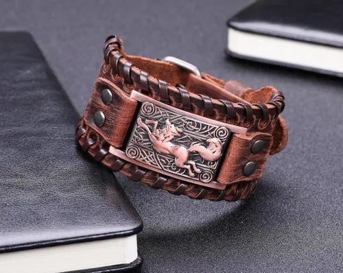 Miniatura 4 de Lemegeton Viking Runing Wolf Fox Celta Knotwork - Pulsera de cuero ancha para hombre, joyería punk vintage, Metal