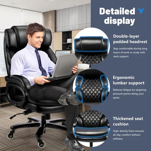 Miniatura 6 de Silla de oficina grande y alta de 800 libras para personas pesadas, silla ejecutiva resistente con respaldo alto, asiento extra ancho y lumbar