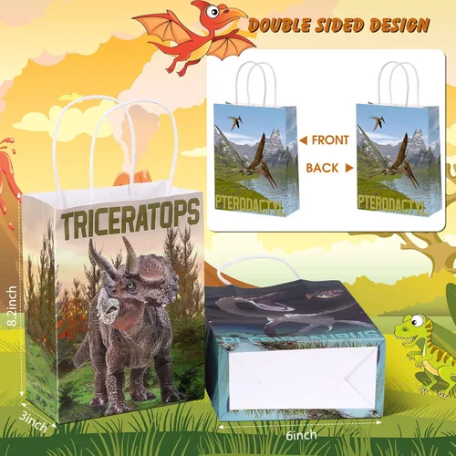 Miniatura 4 de Pajean 24 bolsas de caramelos de dinosaurio con asa, bolsas de papel de recuerdo de fiesta de dinosaurios, regalos para niños, envoltura