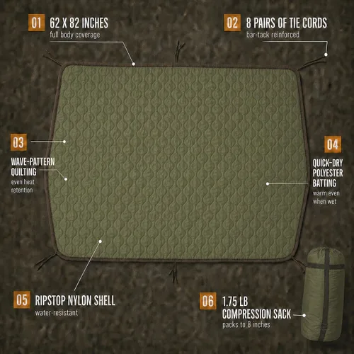 Miniatura 2 de USGI Industries Manta militar Woobie Manta de campamento con aislamiento térmico, forro de poncho Grande, portátil, aislante, resistente al De