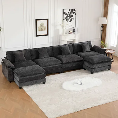 Miniatura 37 de Sofá modular negro de 111.5 pulgadas, sofás seccionales grandes de 3 plazas para sala de estar, sofá nube de tela de felpilla de gran