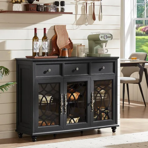 Miniatura 19 de Joaxswe Aparador de estilo rústico con almacenamiento, credenza grande de 59 pulgadas con 4 puertas de vidrio y 2 cajones, estantes ajustables, mesa