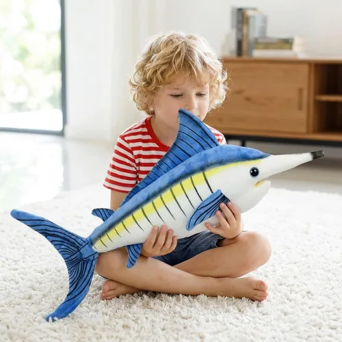 Miniatura 7 de Juguete de peluche de pez Marlin de simulación, animales realistas de 18.5 pulgadas, animales de peluche azul Marlin, muñecas de felpa súper suaves