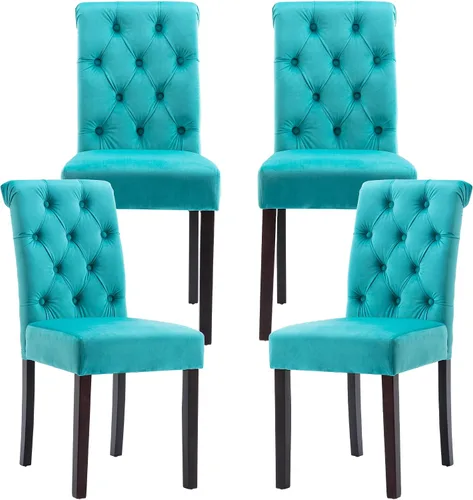 Miniatura 9 de Juego de 2 sillas de comedor de terciopelo tapizadas, modernas sillas decorativas copetudas, sillas laterales Parsons de madera para el hogar, negro