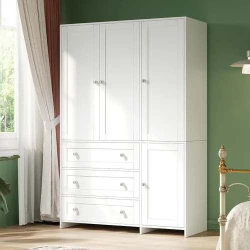 Miniatura 10 de VOWNER Armario clóset con cajones y espejo, gabinete de almacenamiento de ropa de 71" con barra para colgar, armario de madera de 4 puertas