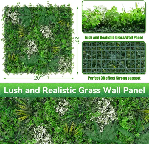 Miniatura 2 de Paneles de pared de césped de 20 x 20 pulgadas, 16 piezas de fondo de vegetación artificial con hojas resistentes a los rayos UV, decoración