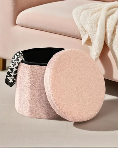 Miniatura 4 de Round Boucle - Otomana de almacenamiento, reposapiés tapizado pequeño de 15 pulgadas con almacenamiento, reposapiés otomano compacto para sala