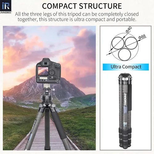 Miniatura 5 de INNOREL KT404C - Trípode compacto de fibra de carbono de 10 capas para cámara de 1.575 in, tubo grande, trípode profesional para videocámara digital