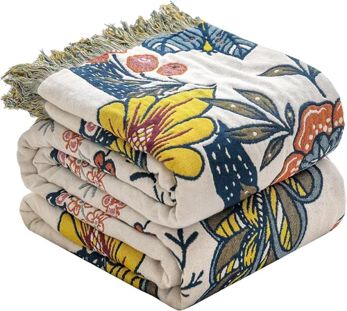 Miniatura 13 de Manta bohemia 100% algodón orgánico ultra suave transpirable rústico edredón de 50 x 60 pulgadas con pájaros y flores para sofá, silla, cama, sillón