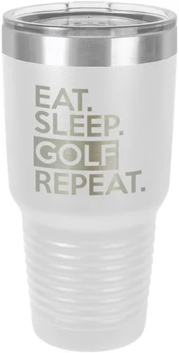 Miniatura 16 de Vaso con tapa superior deslizante y pajita de acero inoxidable para viaje con texto en inglés "EAT SLEEP GOLF REPEAT" de 76 ml en comparación