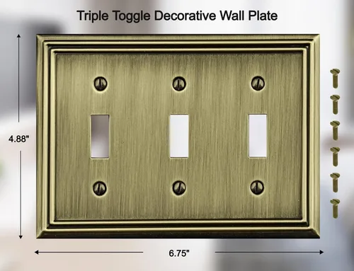 Miniatura 2 de OKAWYC Placa de pared de metal Adler con cubierta triple para interruptor de luz, paquete de 2 unidades de latón antiguo de 3 bandas, cubierta
