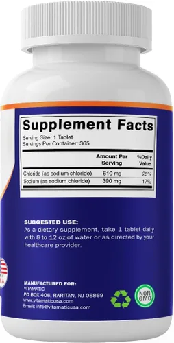 Miniatura 7 de Vitamatic Cloruro de Sodio 1000mg – 365 Tabletas Reponedor de Electrolitos y Soporte de Hidratación – Sin OGM, Sin Gluten