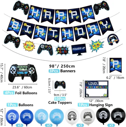 Miniatura 6 de Decoraciones de fiesta de videojuegos – Decoraciones de 7º cumpleaños para niños, pancarta de feliz cumpleaños, globos de videojuegos, globos azules