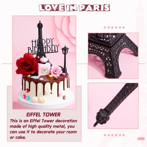 Miniatura 3 de Juego de 8 decoraciones para tartas de la Torre Eiffel de París, decoración romántica de 7 pulgadas con lámpara de calle y rosa para cumpleaños