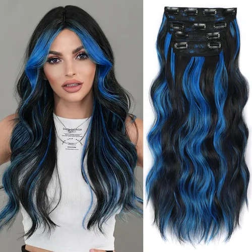 Miniatura 17 de ALXNAN Extensiones de cabello sintético largo y ondulado con clip, de 16 pulgadas, color negro natural, 4 piezas gruesas, fibra de doble trama
