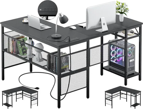 Miniatura 9 de Unikito Escritorio de computadora reversible con 5 cajones, escritorio de oficina resistente con tomas de corriente y puertos USB, mesa de escritura