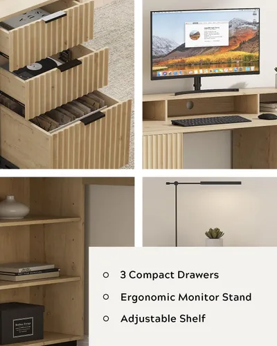 Miniatura 3 de Escritorio ejecutivo de 47 pulgadas con cajón estriado, moderno escritorio de oficina en casa con soporte largo para monitor y 2 cajones, escritorio
