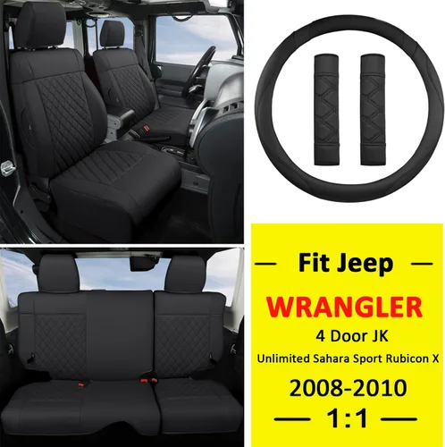 Miniatura 2 de GIANT PANDA Jeep Wrangler 4 puertas JK 2008-2010, juego completo de fundas de asiento para Unlimited Sahara Sport Rubicon X de piel sintética Negro