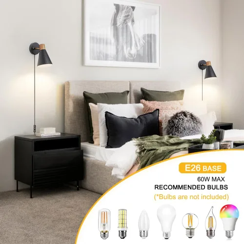 Miniatura 5 de Juego de 2 apliques de pared negros enchufables modernos, lámpara de pared para dormitorio con cable de encendido/apagado, aplique de madera